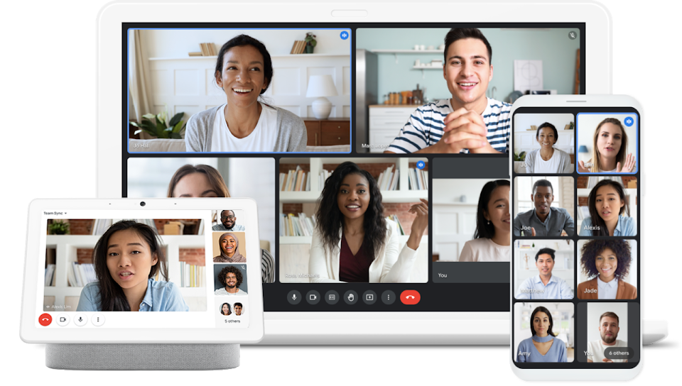 Um portátil, um Google Home e um telemóvel Pixel a mostrarem todos uma videoconferência no Google Meet e Duo