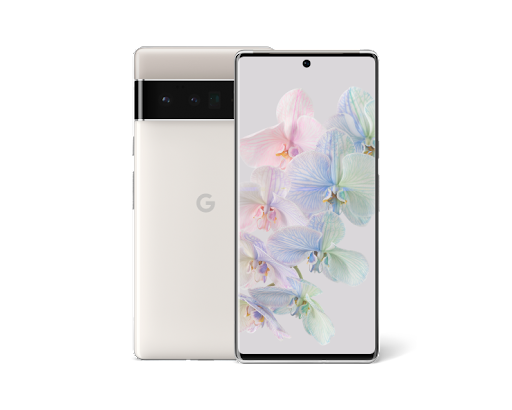 Front and back of Pixel 6 Pro in Cloudy White