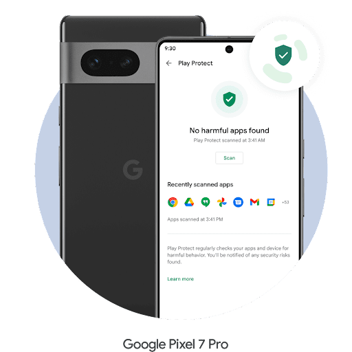 A Pixel 7 Pro  phone screen with Google Play Protect open. A Google Play Protects logo hovers over the top right corner. A green shield with a checkmark icon is illuminated with the message "No harmful apps found" alerting the user that their phone is secure. Next to it is the back of the Pixel 7 Pro