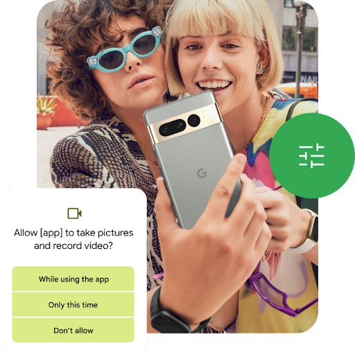 A user is taking a selfie with their friends using an Android smartphone. And Android is prompting the user to select the level of access they want to give the app to take pictures and record videos.