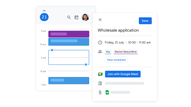 Interface utilisateur de Google Agenda montrant une collaboratrice en train de planifier une réunion pour une application de vente en gros. 