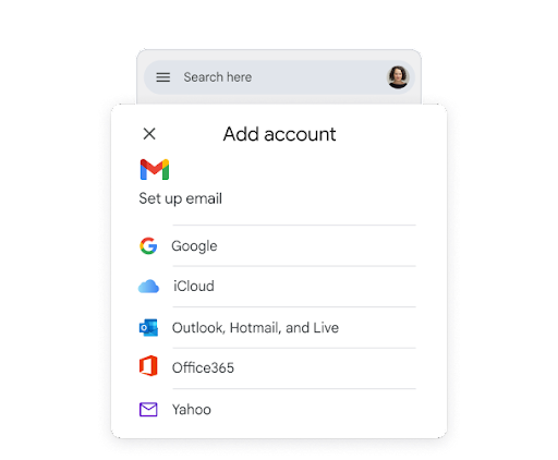Et forenklet brukergrensesnitt på telefonen med overskriften «Legg til konto» viser ikoner fra forskjellige e-posttjenester, for å vise hvor enkelt det er å legge til forskjellige e-postleverandører i Gmail-appen.