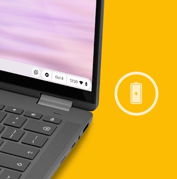 Close up of a Chromebook keyboard with a battery full  icon next to it