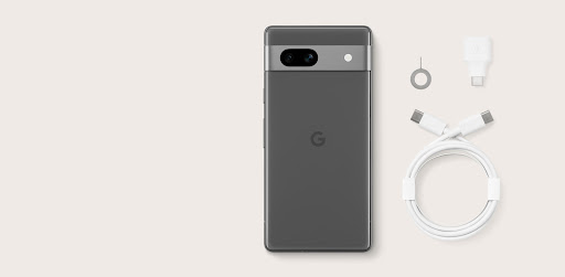 Back of Charcoal Pixel 7a, a USB-C to USB-C cable, a Quick Switch Adapter, and a SIM tool