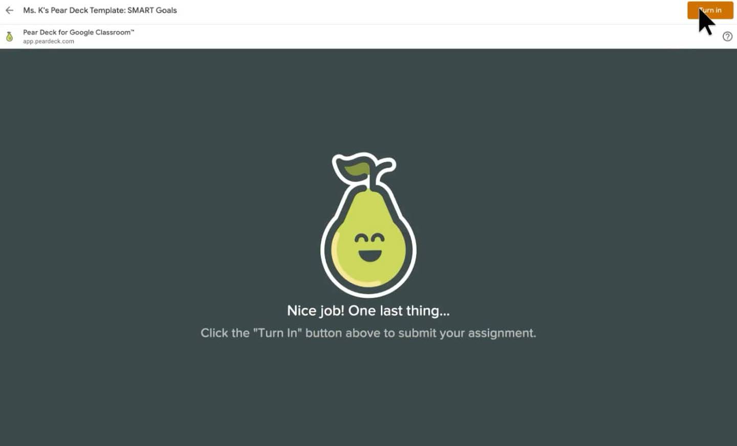 A smiling pear icon appears on the page where students can submit their assignments.