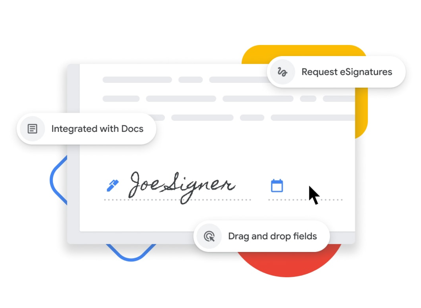 Grafisk fremstilling av e-signaturfunksjonen der brukere kan dra og slippe navn- og datofelt og integrere med Google Dokumenter. 