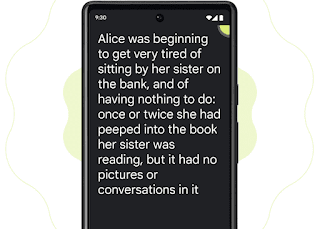 An Android phone with black background and white text reads what is being spoken around it.