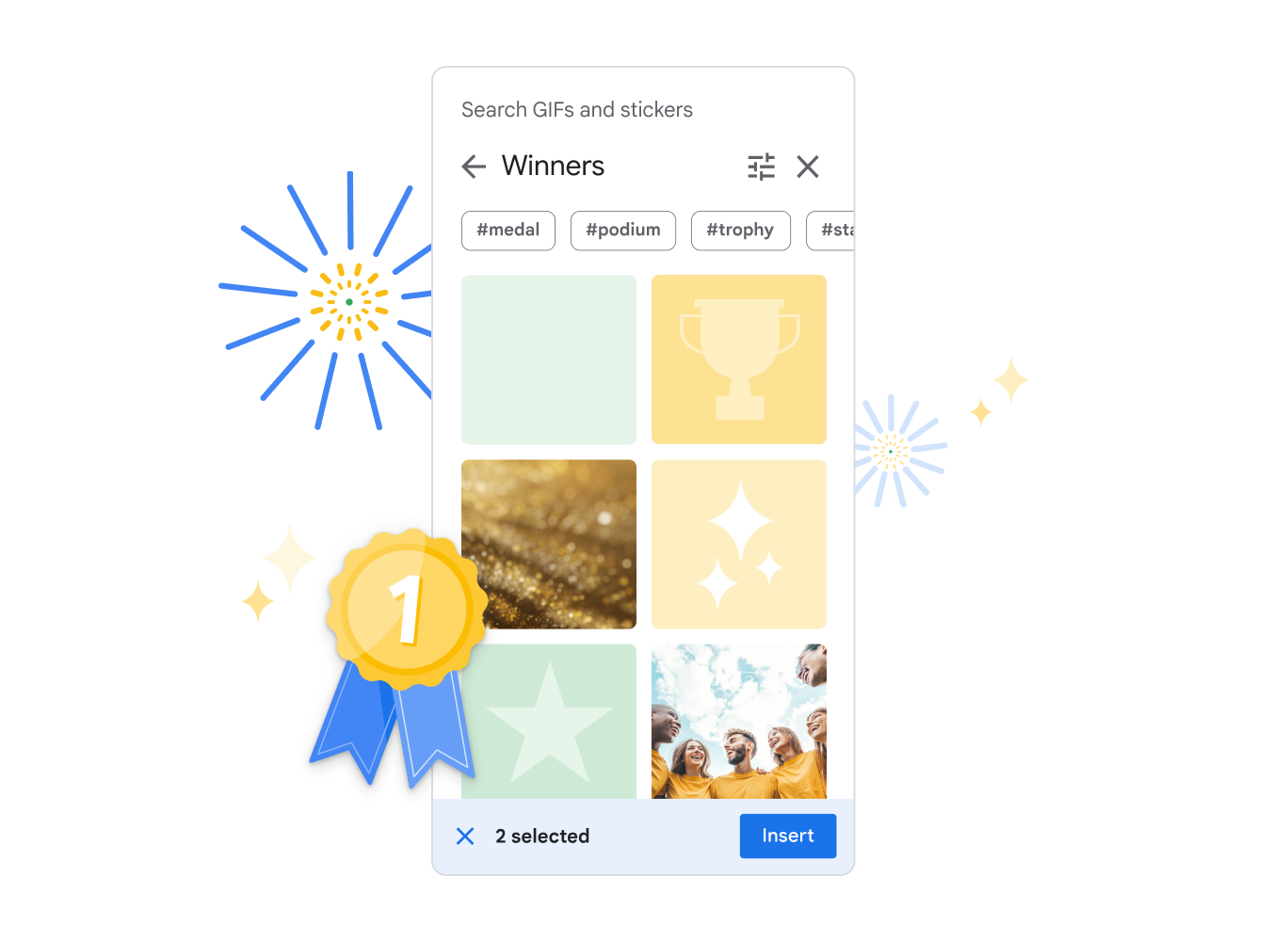 Das GIF- und Sticker-Widget in Google Präsentationen mit einer Auswahl an Stickern zum Thema „Gewinner“