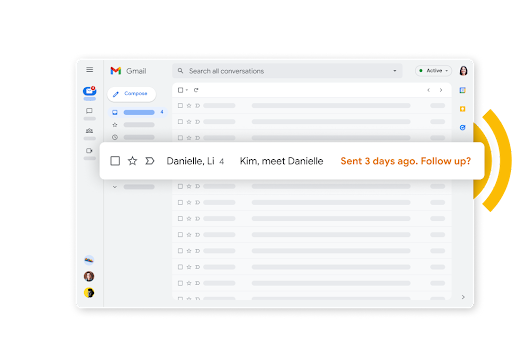 Список писем в Gmail с оранжевым напоминанием о забытом письме