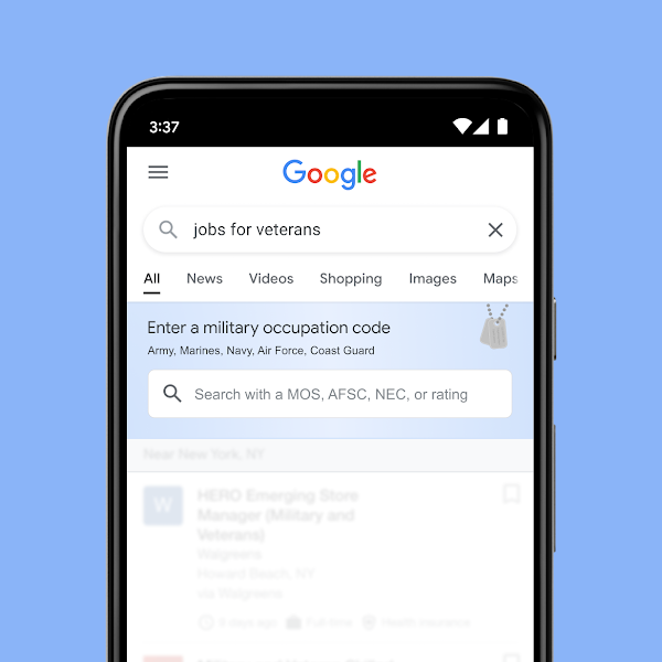 A smartphone displaying a Google Search bar with a function to find jobs using military occupation codes