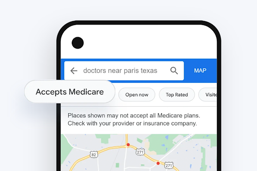 La interfaz de usuario de Google Maps muestra la opción de filtro “Acepta Medicare”
