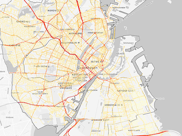 Map of Copenhagen that shows ultrafine particles and  how they correspond to major roads.