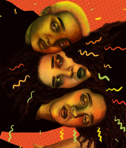 An illustration of three heads side by side with red, yellow, orange, green squiggles surrounding them.
