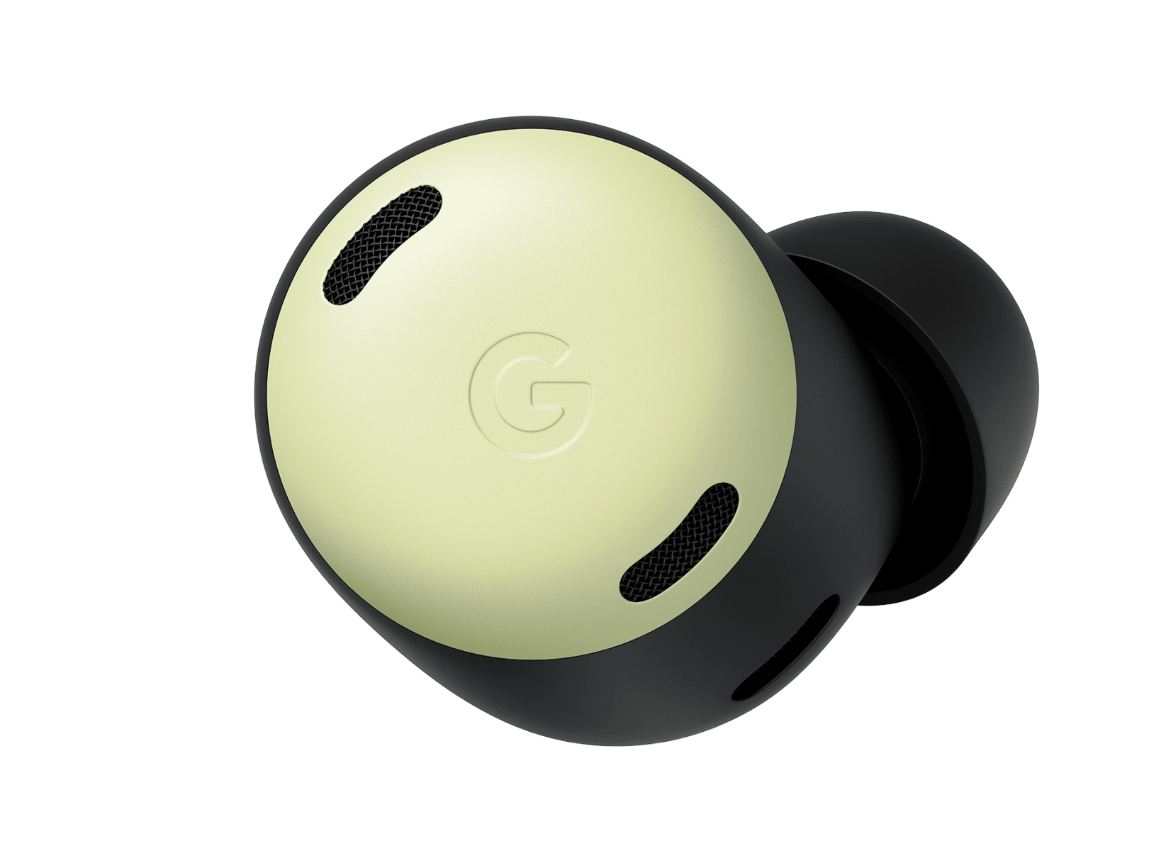 Front-view of a Pixel Buds Pro earbud in Lemongrass