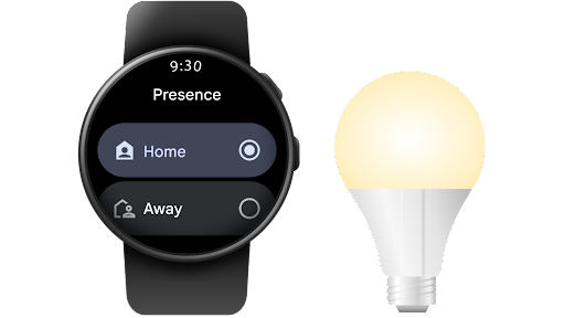 Android स्मार्टवॉच पर Google Home का इस्तेमाल दिखाया गया है. साथ ही, घर में मौजूदगी को 'होम' से 'अवे' पर सेट करने की प्रोसेस दिखाई गई है.