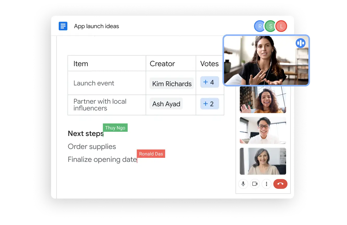 Google Workspace Docs and Meet UI helping a team get more done
