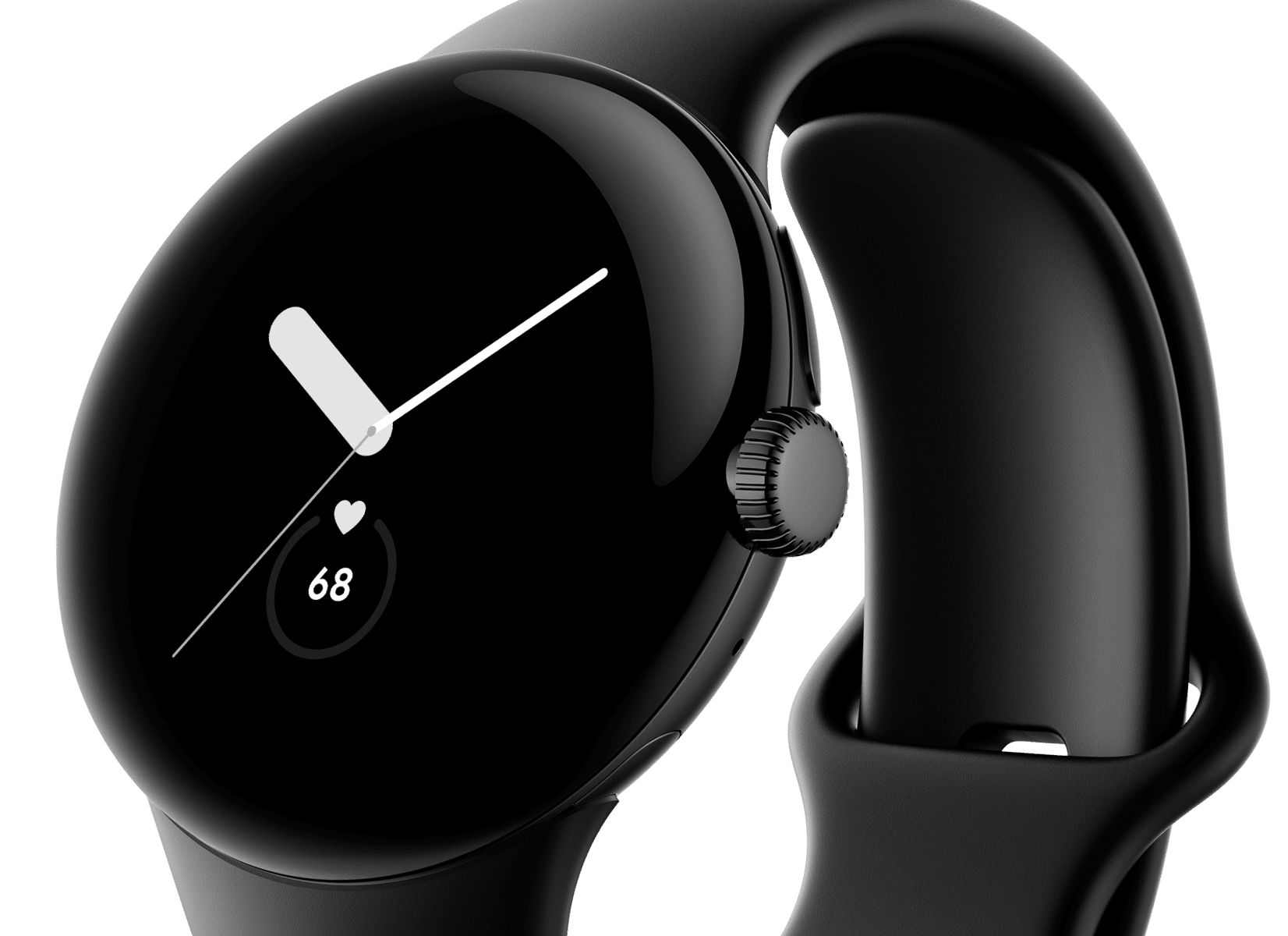 Close-up of Google Pixel Watch screen with Matte Black case / Obsidian Active band