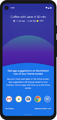 Una schermata Home Android con cinque app selezionate e l'opzione per sostituirle.