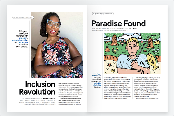 A magazine spread shows two articles. One titled ‘Inclusion Revolution’ featuring disability consultant Andraéa LaVant. Andraéa LaVant is a Black woman with glasses. The second titles ‘Paradise Found’ featuring a cartoon image of a fair skinned, blonde man. This represents gamer and disability advocate Ross Minor.