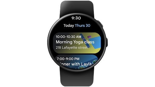Bruk av en Wear OS-smartklokke for å bla gjennom Google Kalender, åpne en aktivitet og svare ja på den aktiviteten.