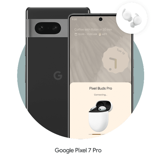 A pair of earbuds in a circle hover over the top right corner of a Galaxy Pixel 7 Pro  phone. The phone is pairing with some Android earbuds.
