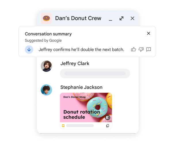 A Chat space for Dan's doughnut crew in which members are sharing documents and creating tasks.