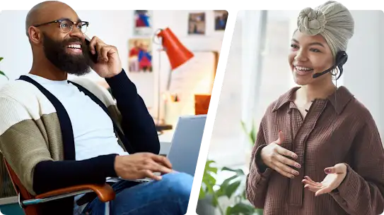A seated man, wearing glasses, speaks with a female Google Ads Expert on the phone