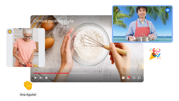 Google Meet call showing an up-close video of someone cooking and two remote participants.