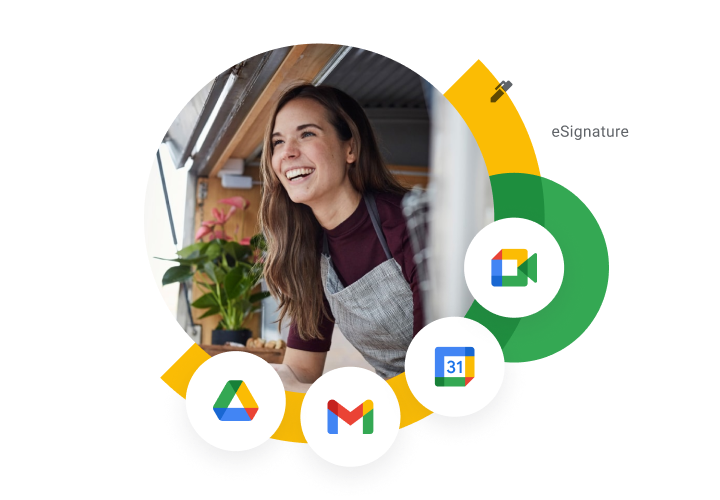 Grafisk fremstilling av produktikoner for Google Disk, Gmail, Google Kalender, Google Meet og e-signatur rundt en smilende kvinne. 