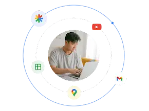 Nešiojamuoju kompiuteriu besinaudojantis vyras, apsuptas iliustruotos „Google Ads“ formato tipų ekosistemos