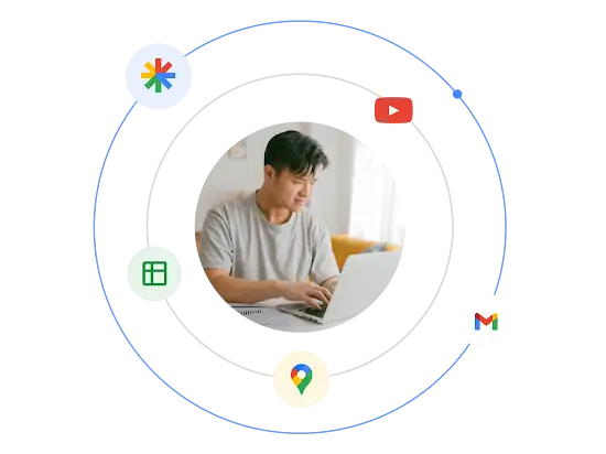 Muž s notebookem obklopený ilustrovaným ekosystémem formátů reklam Google