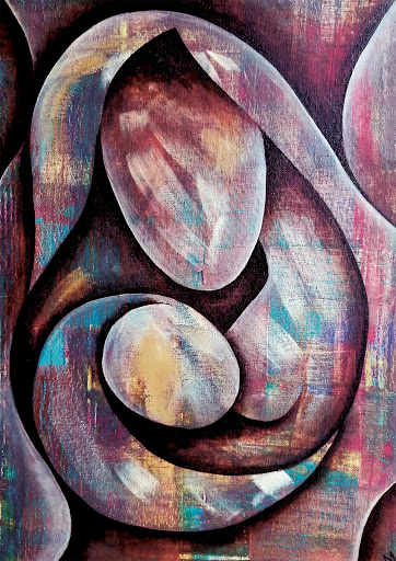 A painting with pink and blue circular shapes.