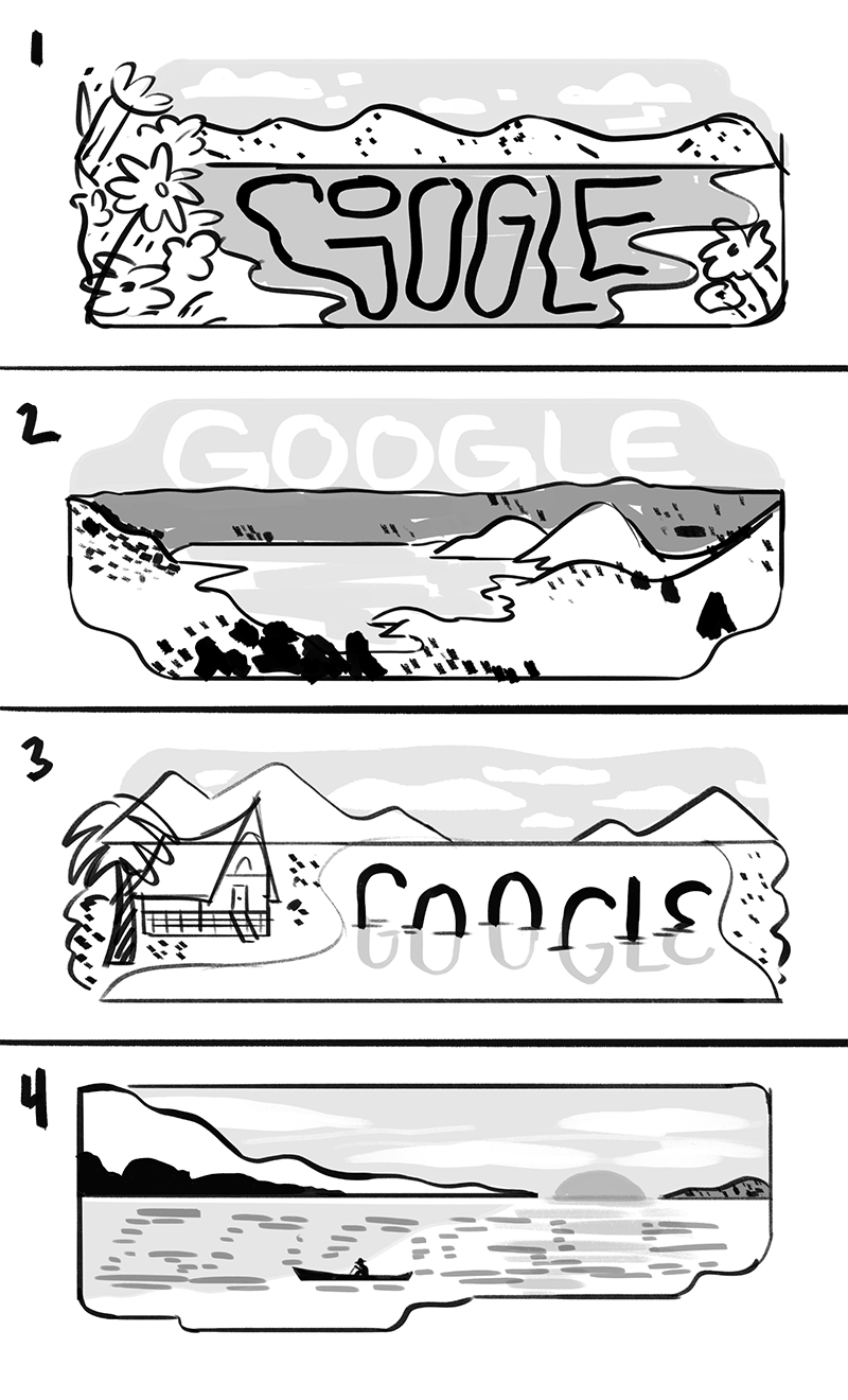 Four black and white illustrations of the Google logo in a lake oriented vertically numbered 1 through 4.