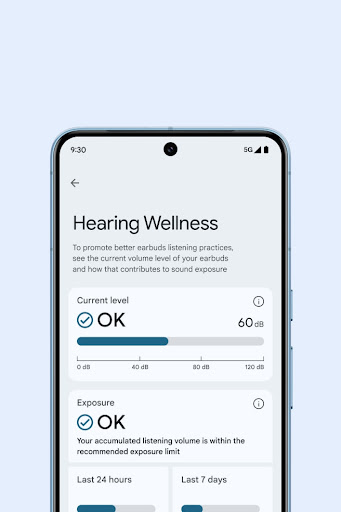 A Pixel phone with the Pixel Buds app open to view insights for hearing wellness