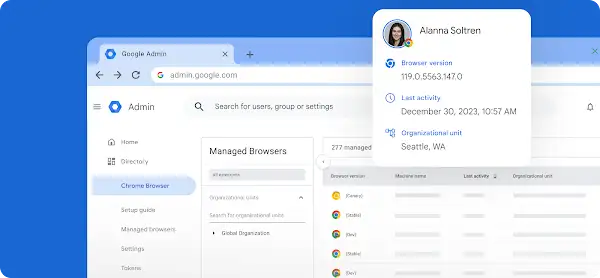 Google Admin window showing Chrome Browser tab information