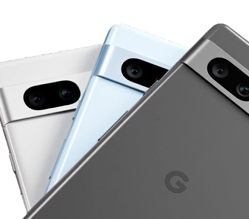 A close up of three Google Pixel 7a phones.