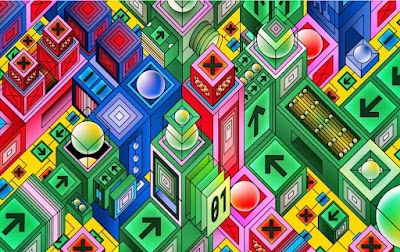An illustration multicoloured network of cubes, orbs, and other shapes, with crosses and arrows pointing in different directions.