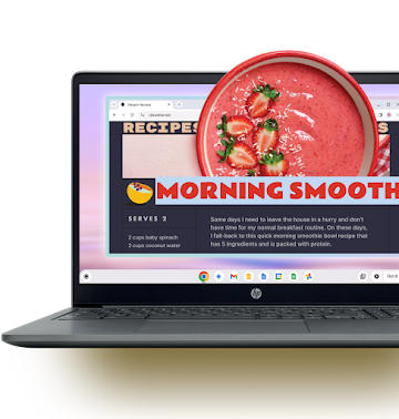 A browser window opened in a Chromebook with a recipes blog page, using the Help me write feature asking to write a fun name for a healthy smoothie