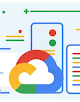 Google Cloud logo with colorful representation of a server in the background.
