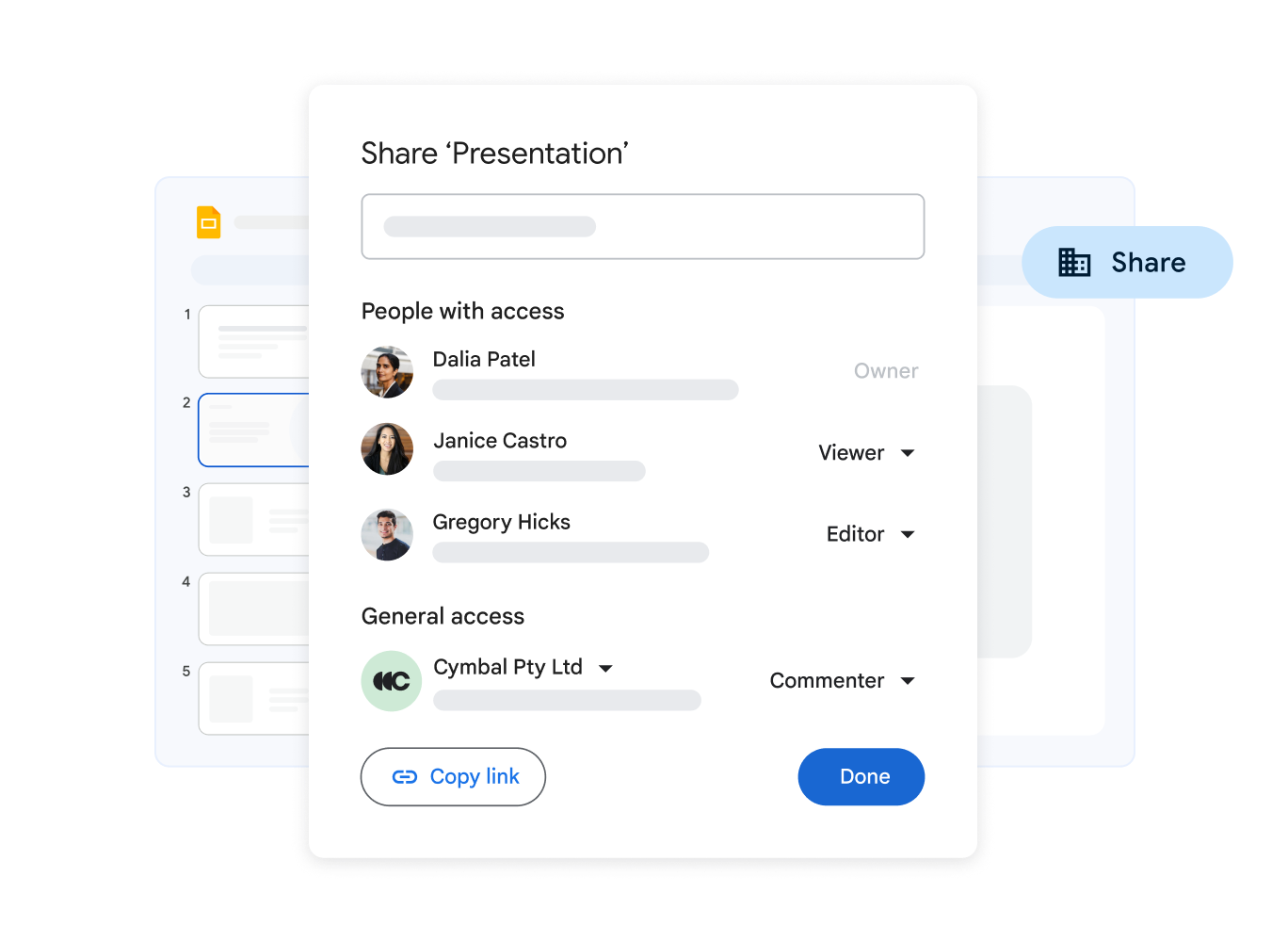 A pop-up window enables a creator to manage sharing permissions on a slide deck.
