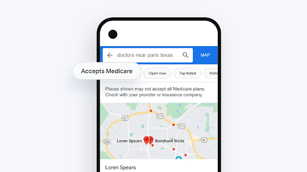 La interfaz de usuario de Google Maps muestra la opción de filtro “Acepta Medicare”