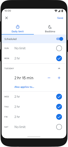 Dispositivo Android che mostra l'impostazione del limite del tempo di utilizzo su due ore e quindici minuti il martedì con Family Link.