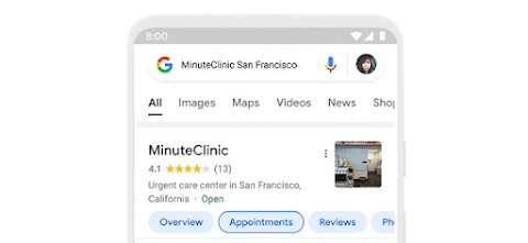 Google Search UI highlighting the appointments filter option in a medical provider search results page
