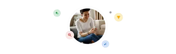A woman laughs while looking at a smartphone; she’s encircled by various icons, including a magnifying glass, trophy, and wand