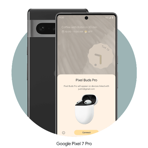 A Pixel 7 Pro phone is pairing with some Android earbuds. Next to it is the closed, camera-facing back of the phone.