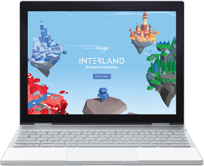 A laptop showing the homescreen for the game Interland on the Be Internet Awesome website.