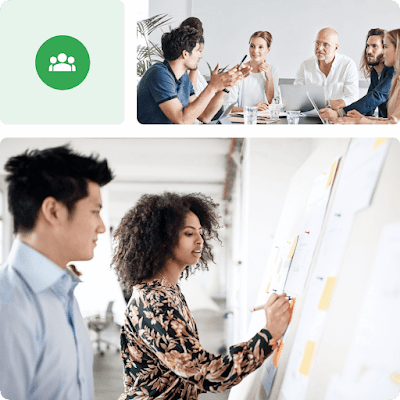 A collage consisting of a teamwork icon, a team meeting, and two people standing in front of a workboard collaborating.