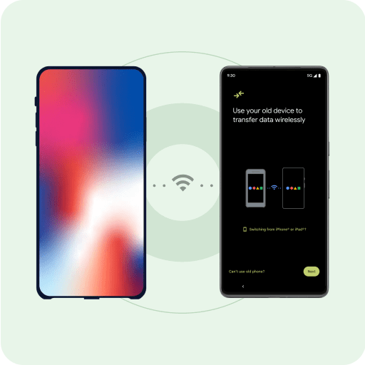 An iPhone and brand new Android phone sit side-by-side with a Wifi symbol between them. Two dots animate between the Wifi symbol and phones to signify wireless data transfer.