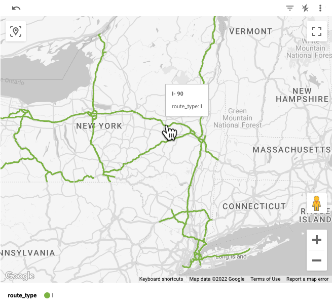 A Google map displays interstate highways in New York State with a tooltip that identifies the selected route as I-90, route_type: I. 