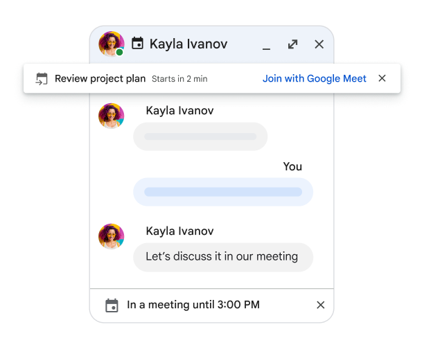 Chat window showing integration with Gmail, Calendar, Drive, Meet, Groups.